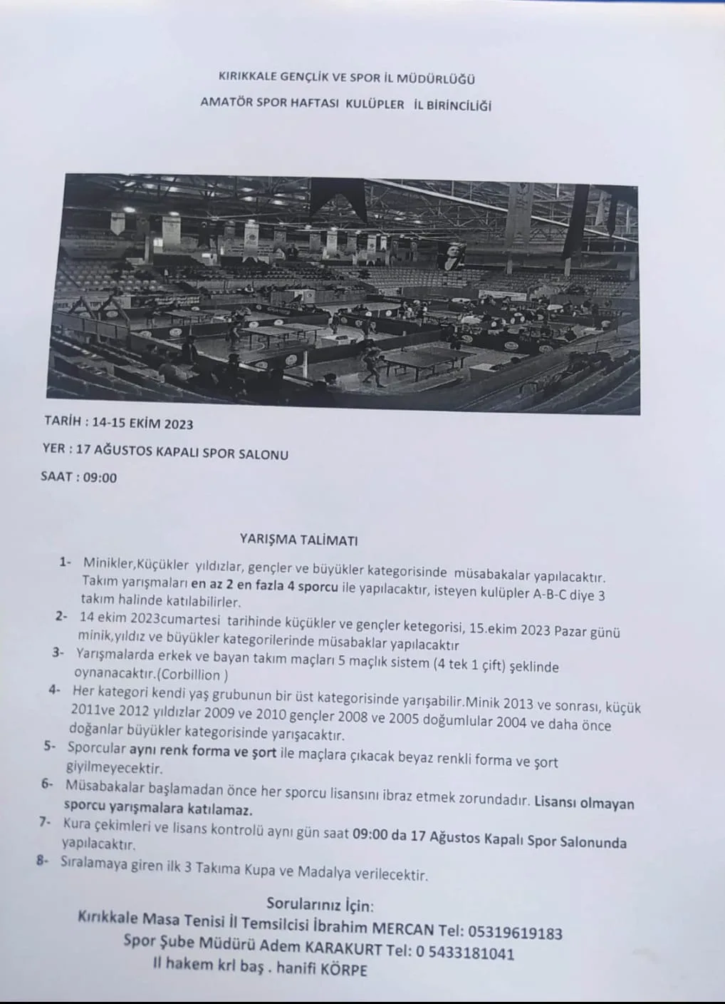 Amatör Spor Haftası Kulüpler İl Birinciliği 14-15 Ekim 2023
