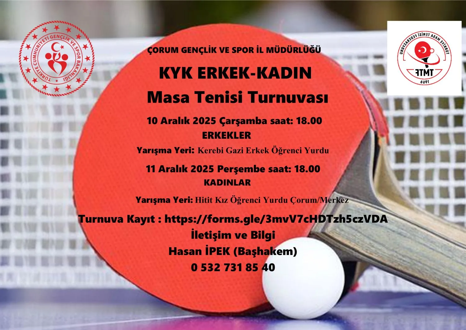 Kredi Yurtlar Kurumu Erkek - Kadın Masa Tenisi İl Birinciliği